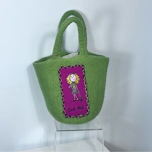 “Girls Rule” Kiwi Green, Wool Bucket Tote with Pink Embroidered Patch